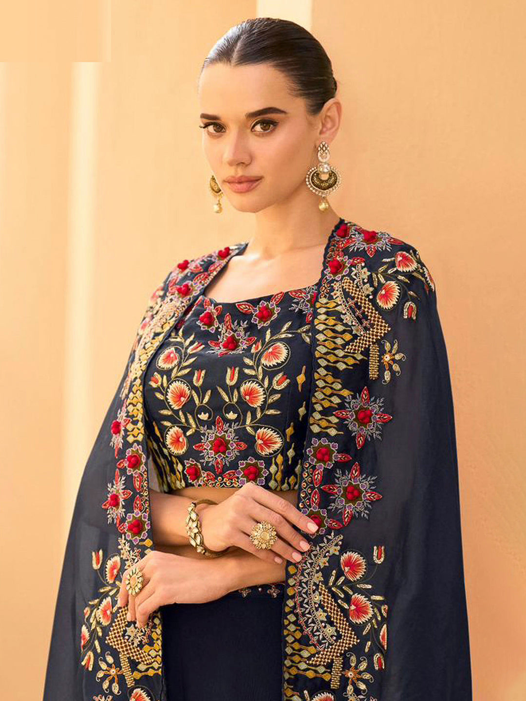 Navy Blue Chinon Embroidered Crop Top With Palazzo &amp; Jacket