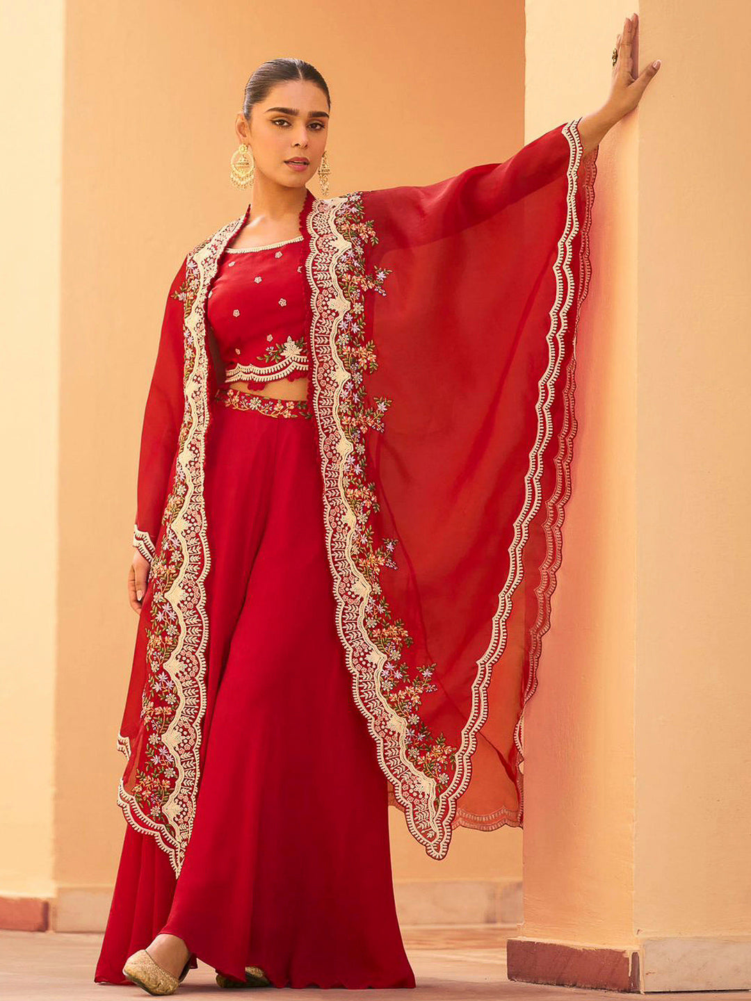 Red Chinon Embroidered Crop Top With Palazzo &amp; Jacket