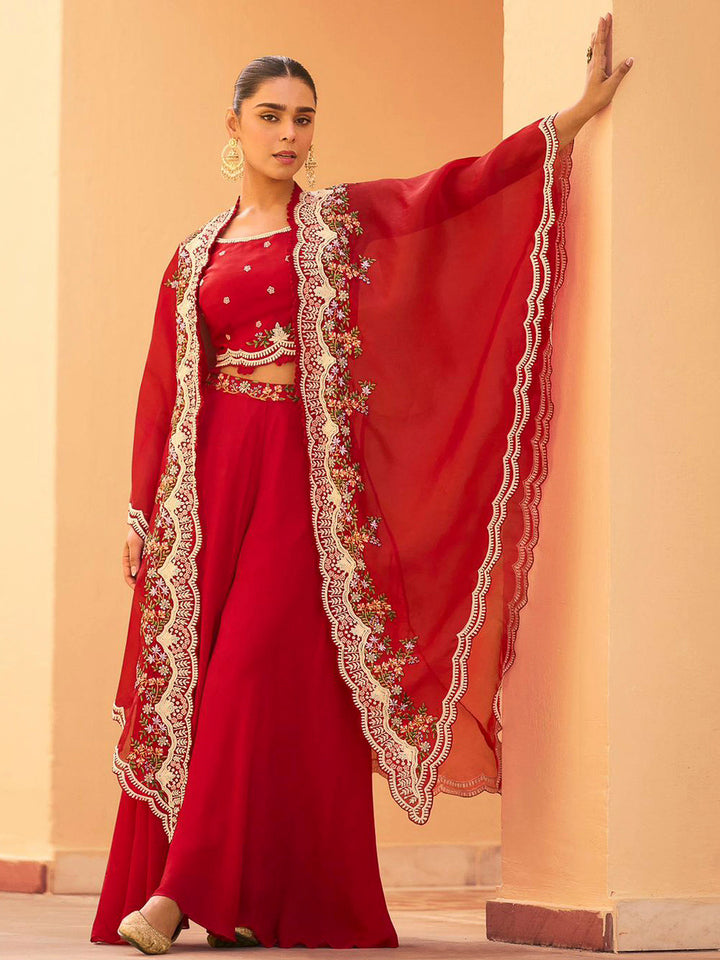 Red Chinon Embroidered Crop Top With Palazzo &amp; Jacket