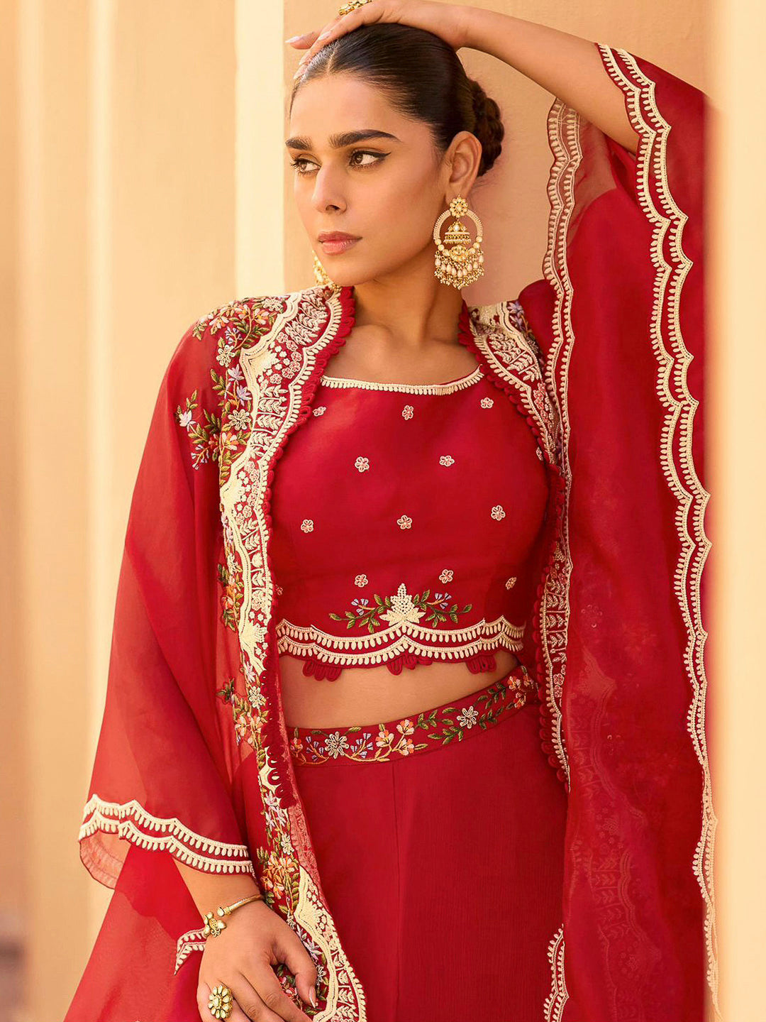 Red Chinon Embroidered Crop Top With Palazzo &amp; Jacket