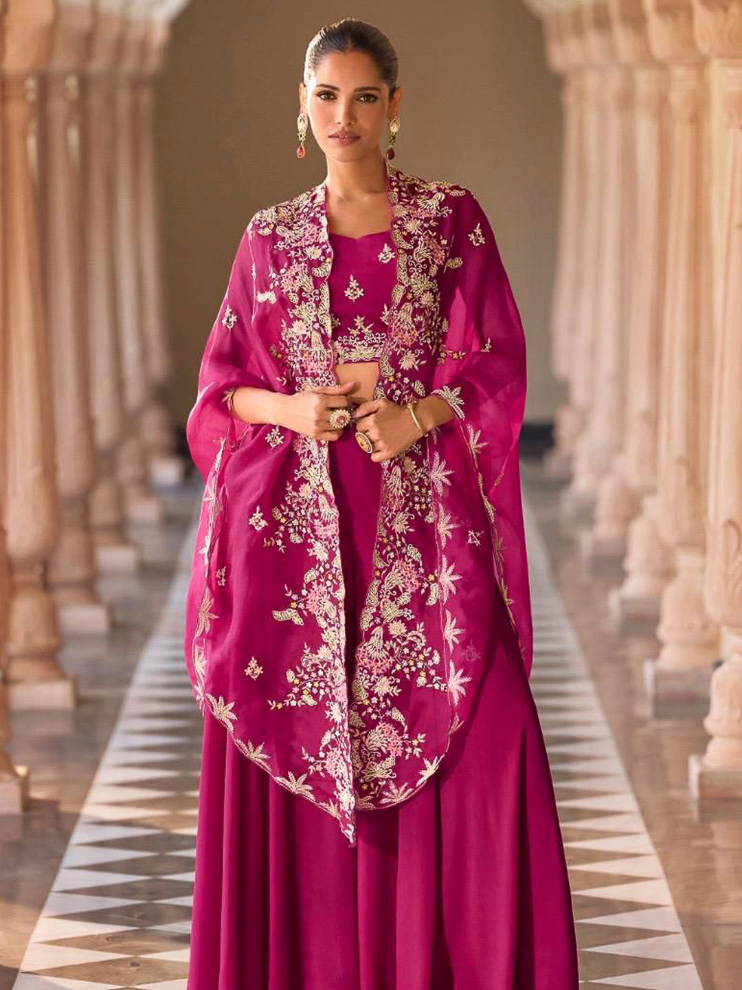 Magenta Chinon Embroidered Crop Top With Palazzo &amp; Jacket