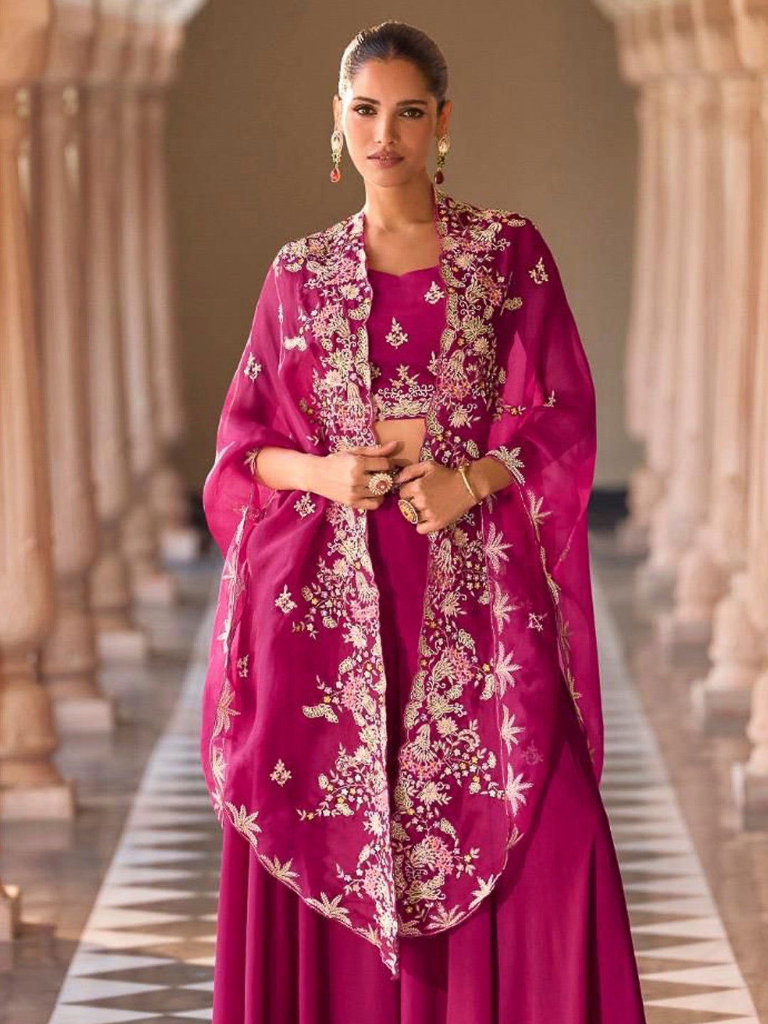 Magenta Chinon Embroidered Crop Top With Palazzo &amp; Jacket