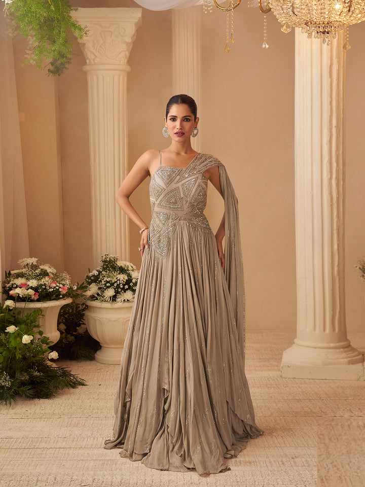 Beige Chinon Embroidered Cape-style printed Anarkali gown