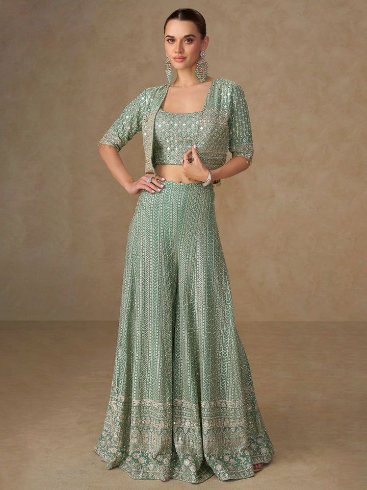 Mint-Green Georgette Embroidered Crop Top With Palazzo &amp; Jacket