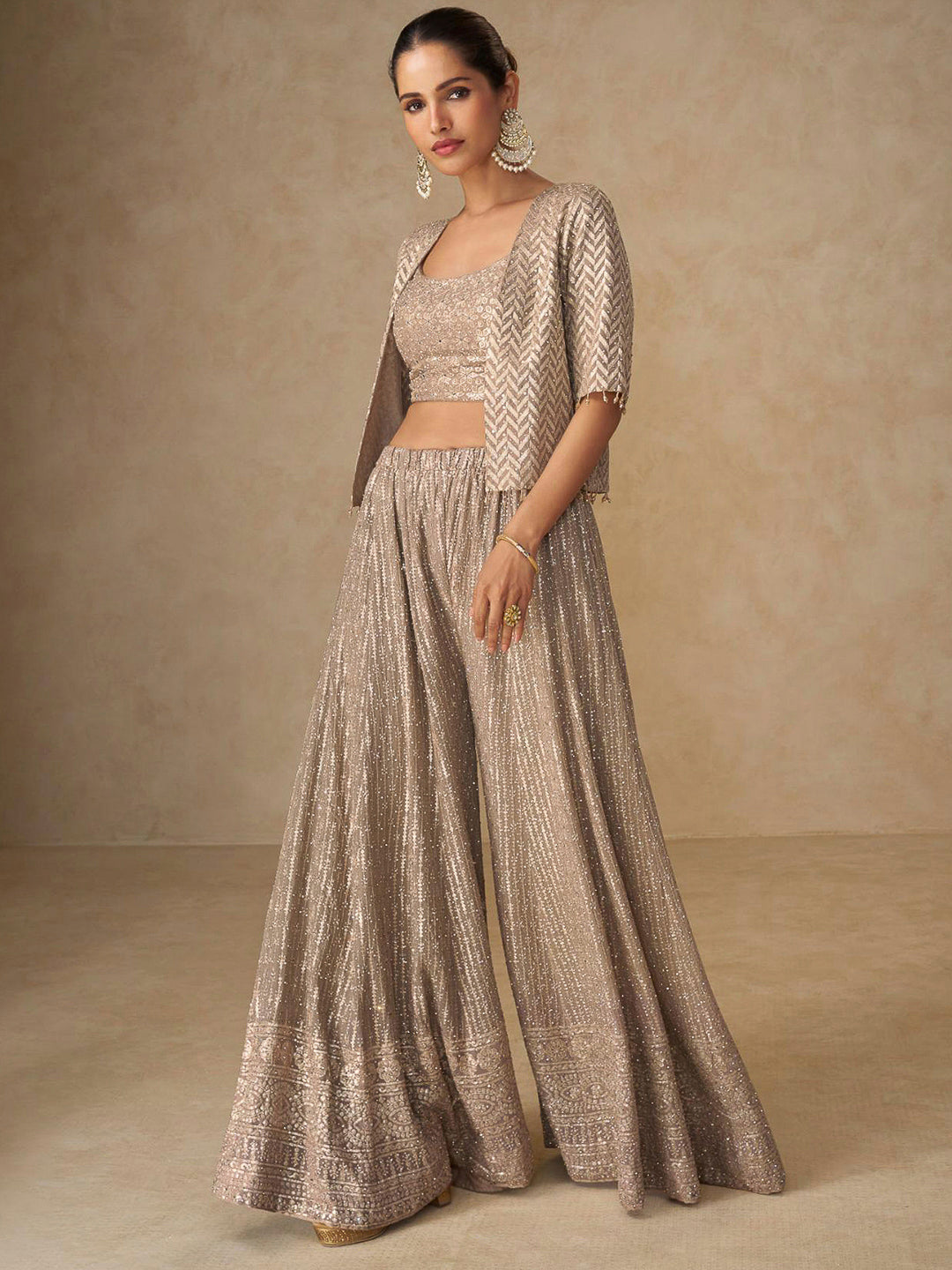 Beige Georgette Embroidered Crop Top With Palazzo &amp; Jacket