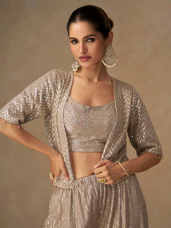 Beige Georgette Embroidered Crop Top With Palazzo &amp; Jacket