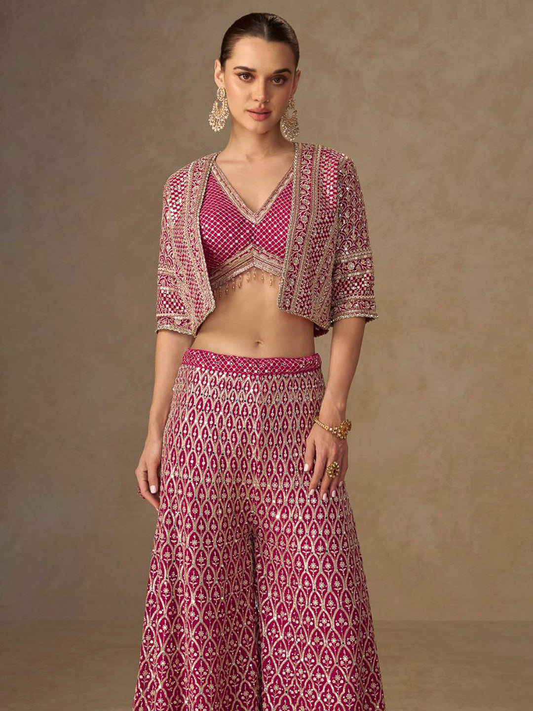 Rani-Pink Georgette Embroidered Crop Top With Palazzo &amp; Jacket