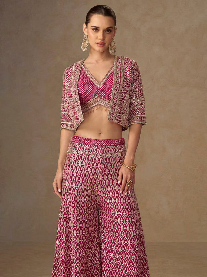Rani-Pink Georgette Embroidered Crop Top With Palazzo &amp; Jacket