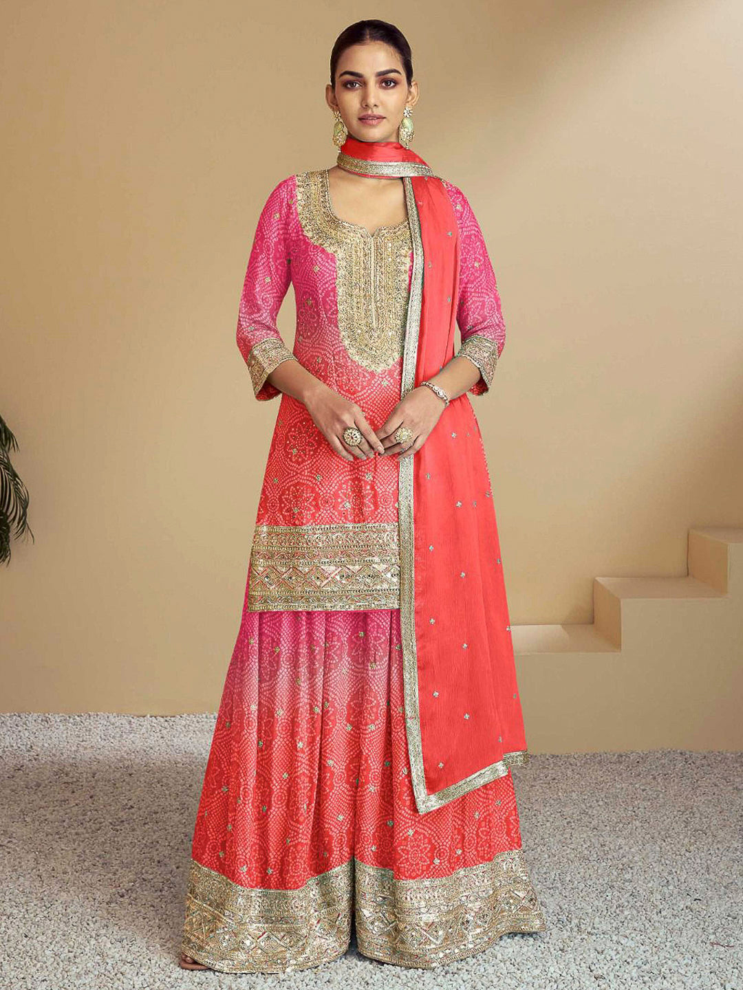 Pink Chinon Embroidered Long kurti With Palazoo &amp; Dupatta
