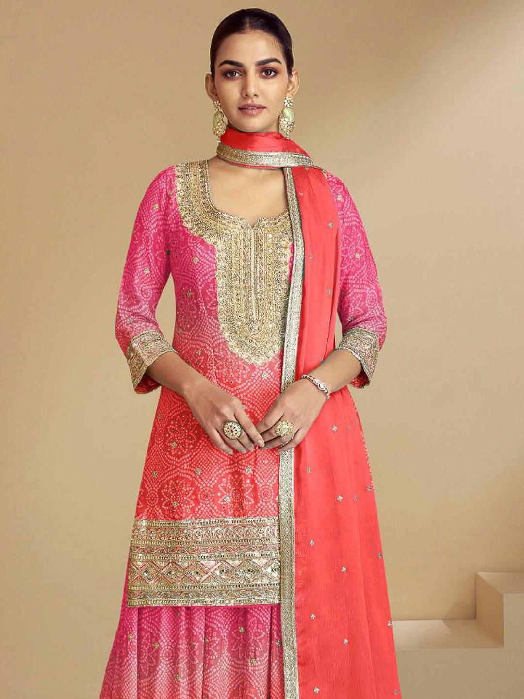 Pink Chinon Embroidered Long kurti With Palazoo &amp; Dupatta