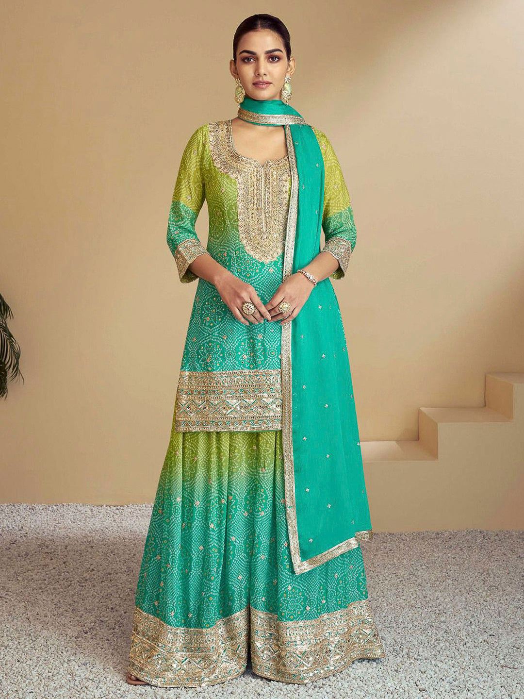 Lime Green Chinon Embroidered Long kurti With Palazoo &amp; Dupatta