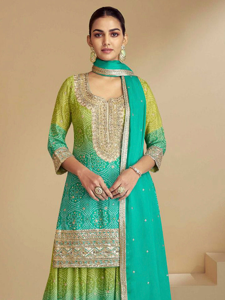 Lime Green Chinon Embroidered Long kurti With Palazoo &amp; Dupatta