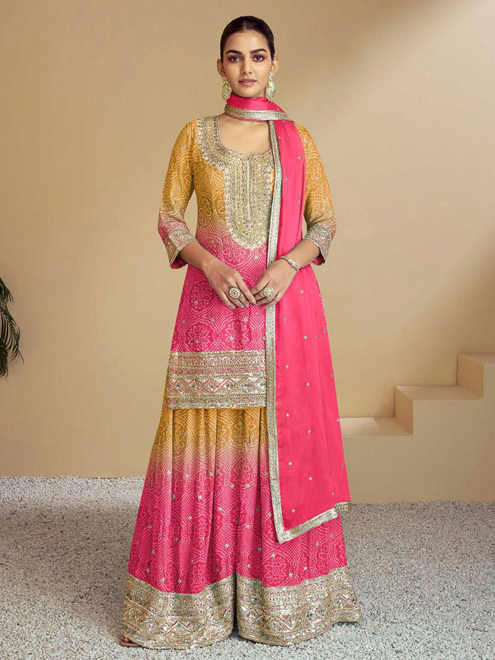 Yellow-Pink Chinon Embroidered Long kurti With Palazoo &amp; Dupatta