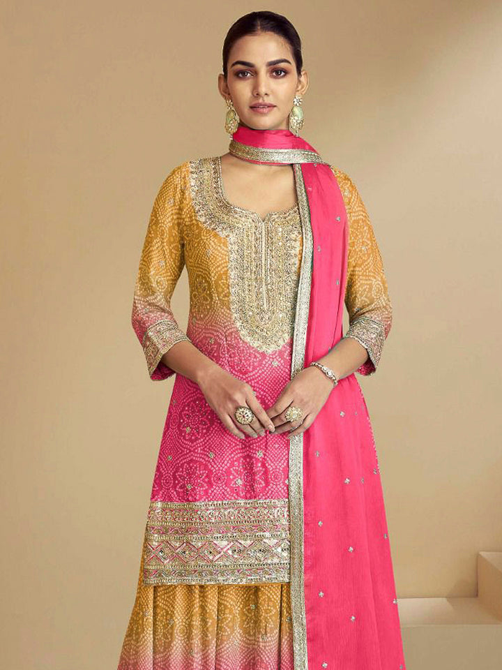 Yellow-Pink Chinon Embroidered Long kurti With Palazoo &amp; Dupatta