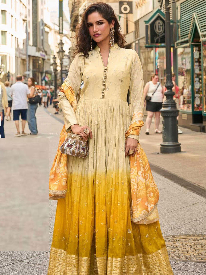 Mustard Yellow Ombre Art Silk Embroidered Anarkali Gown With Dupatta