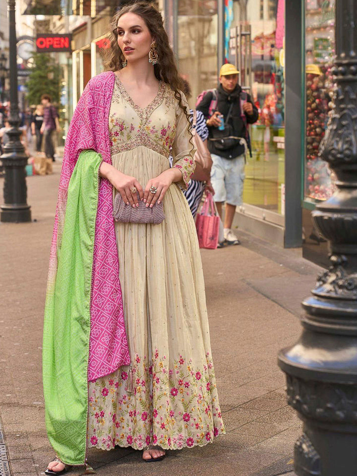 Mustard Art Silk Embroidered Anarkali Gown With Dupatta
