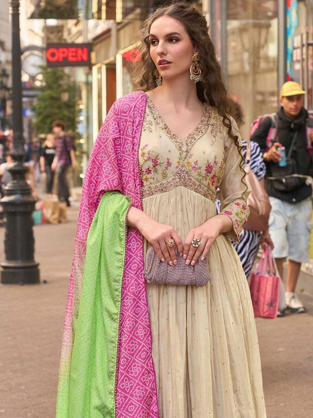 Mustard Art Silk Embroidered Anarkali Gown With Dupatta