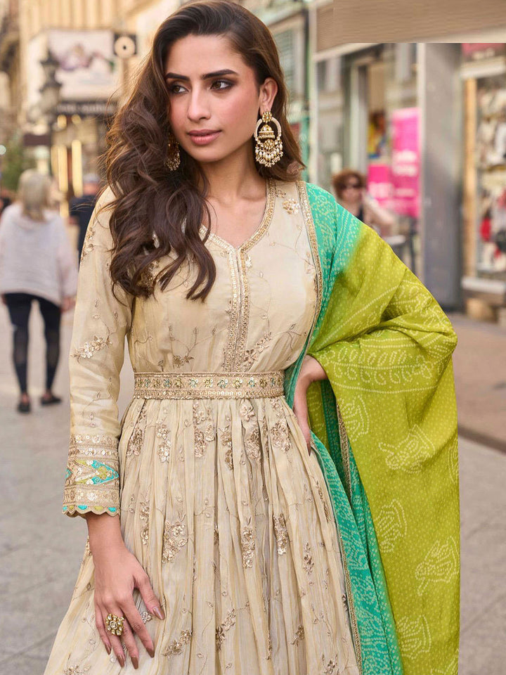 Beige Art Silk Embroidered Anarkali Gown With Dupatta