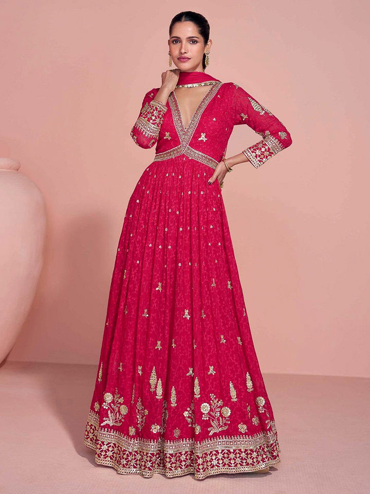 Rani-Pink Georgette Embroidered Gown With Dupatta