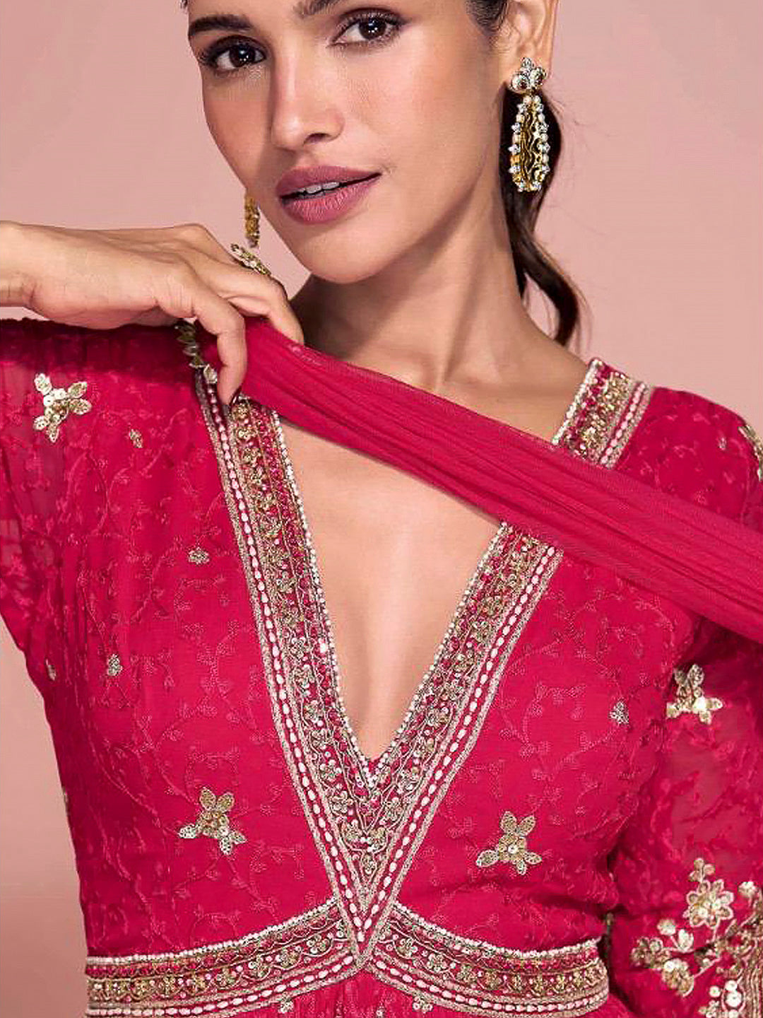 Rani-Pink Georgette Embroidered Gown With Dupatta