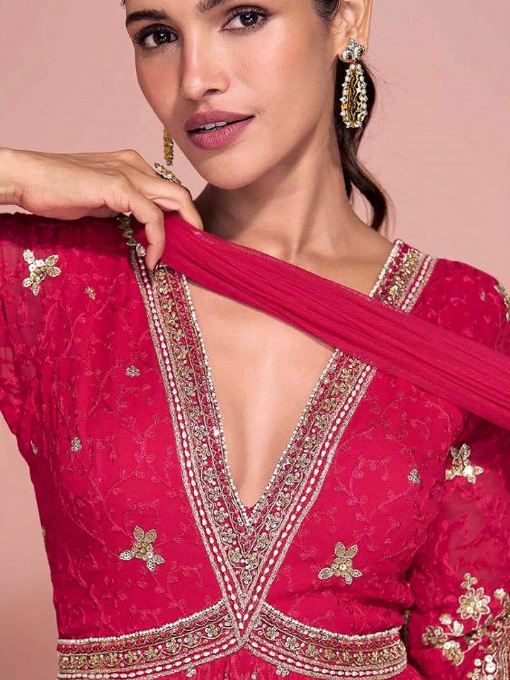Rani-Pink Georgette Embroidered Gown With Dupatta