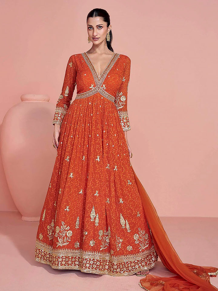 Rust Georgette Embroidered Gown With Dupatta