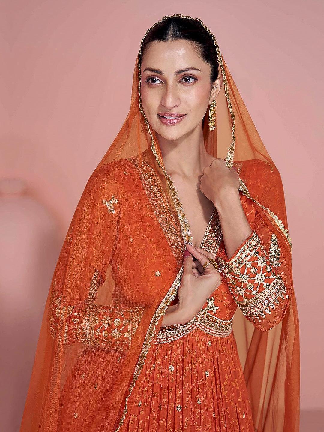 Rust Georgette Embroidered Gown With Dupatta