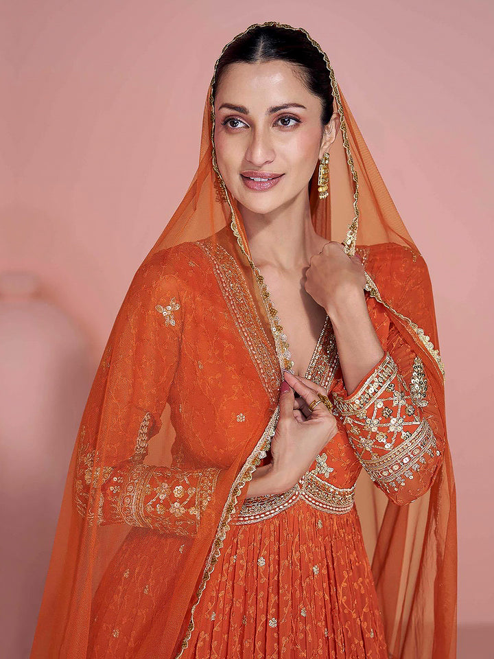 Rust Georgette Embroidered Gown With Dupatta