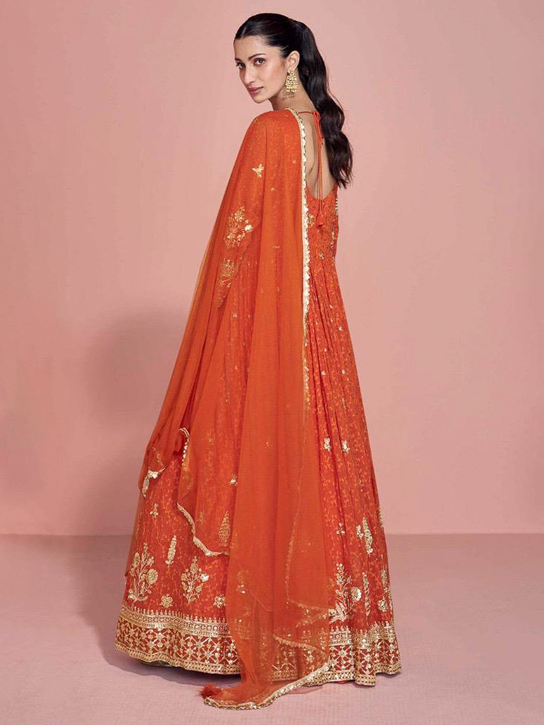 Rust Georgette Embroidered Gown With Dupatta