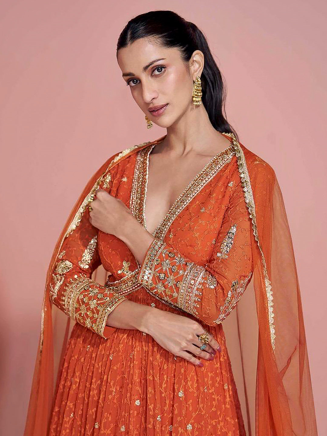 Rust Georgette Embroidered Gown With Dupatta