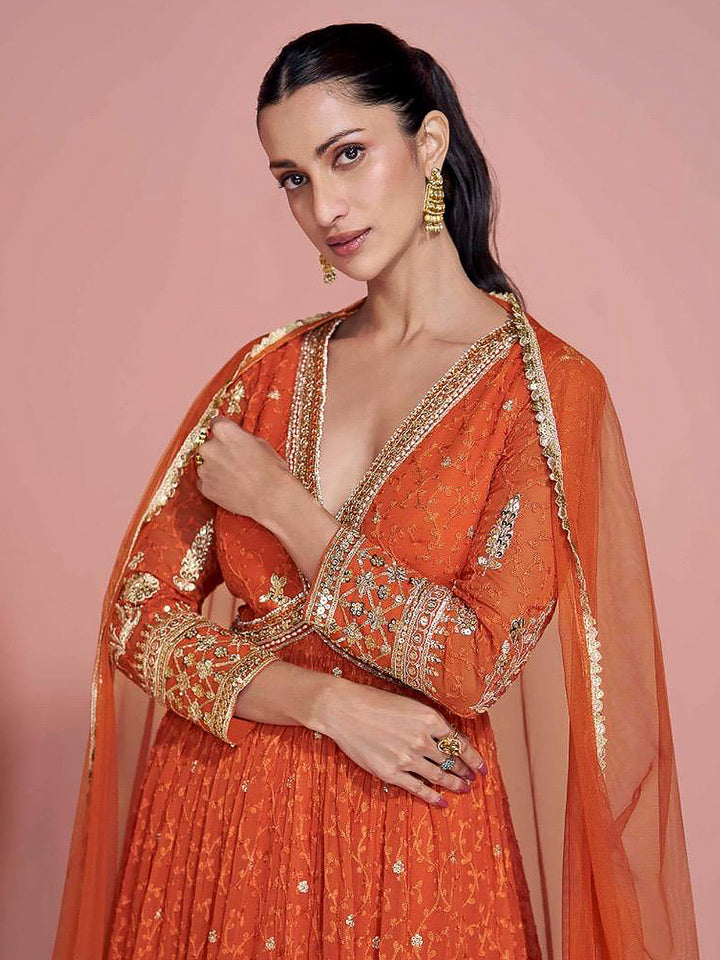 Rust Georgette Embroidered Gown With Dupatta