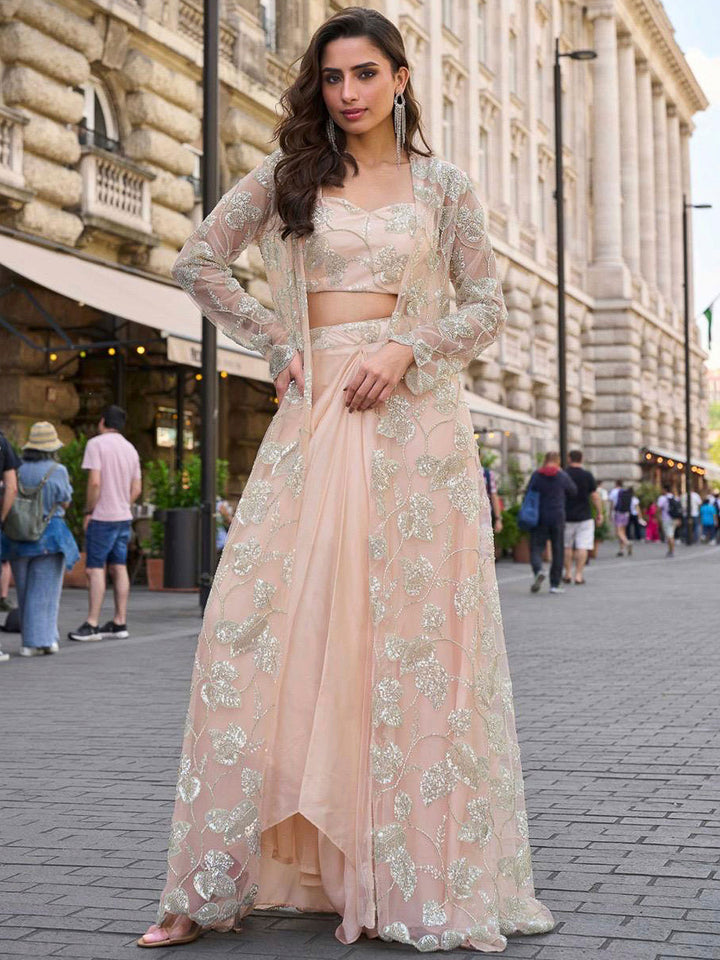 Peach Crepe Embroidered Blouse &amp; Dhoti With Jacket
