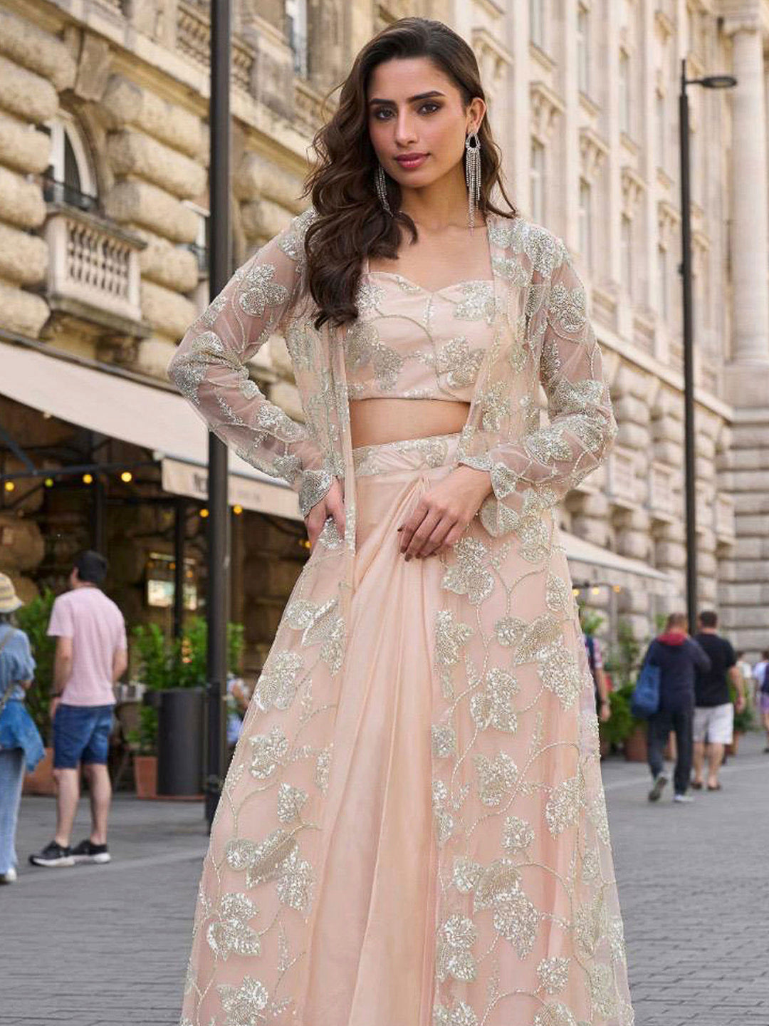 Peach Crepe Embroidered Blouse &amp; Dhoti With Jacket