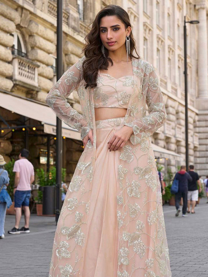 Peach Crepe Embroidered Blouse &amp; Dhoti With Jacket