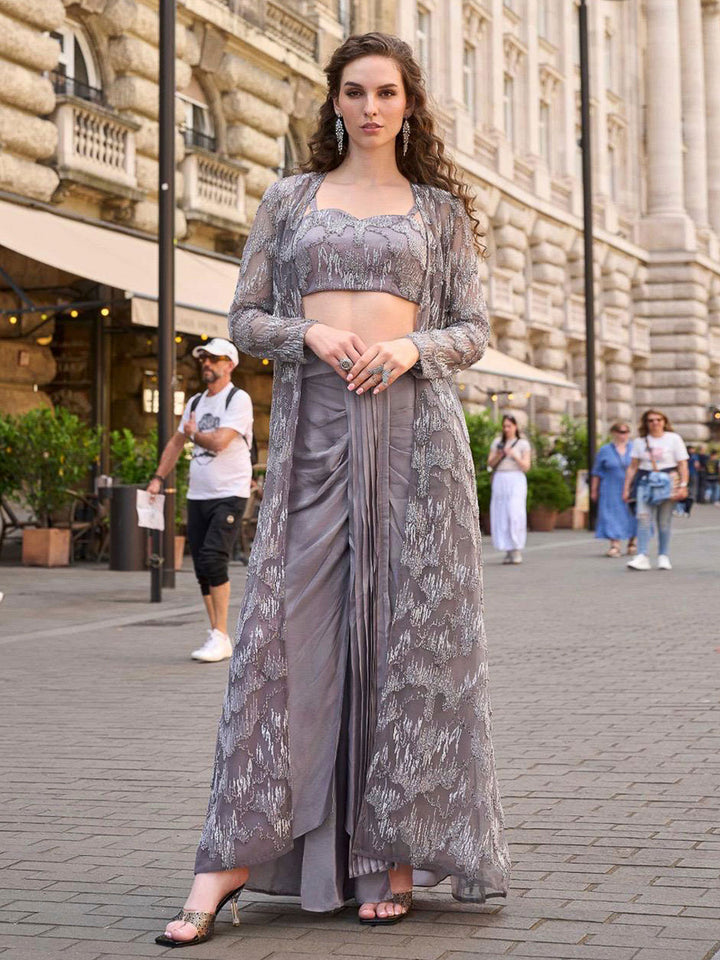 Silver-Grey Crepe Embroidered Blouse &amp; Dhoti With Jacket