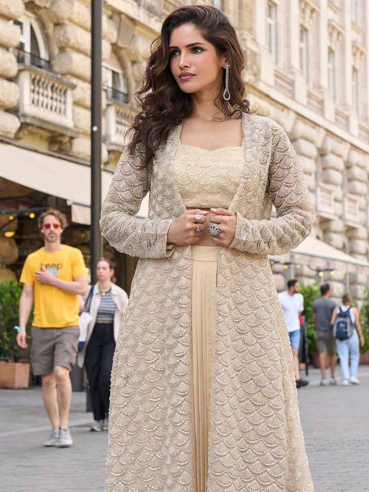 Golden Beige Crepe Embroidered Blouse &amp; Dhoti With Jacket