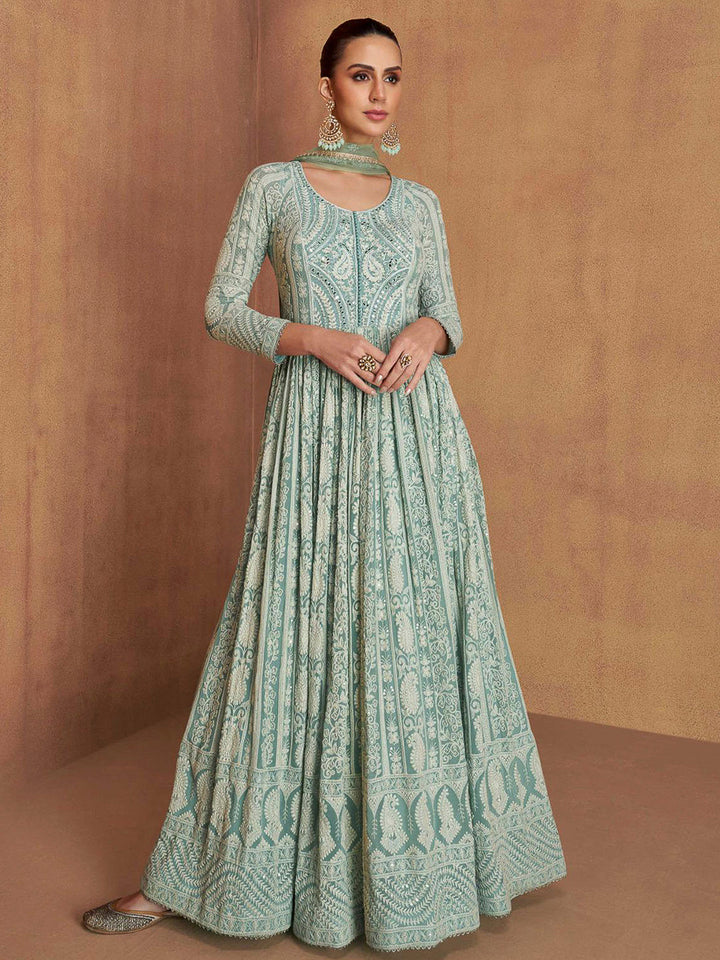 Mint-Green Georgette Embroidered Anarkali Gown With Dupatta