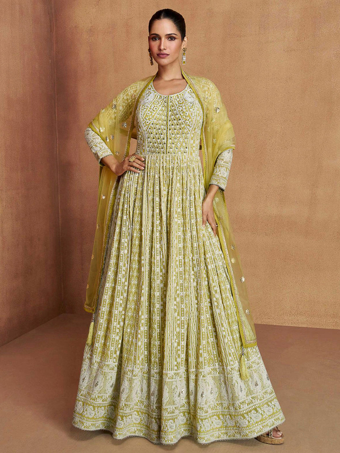 Mustard Georgette Embroidered Anarkali Gown With Dupatta