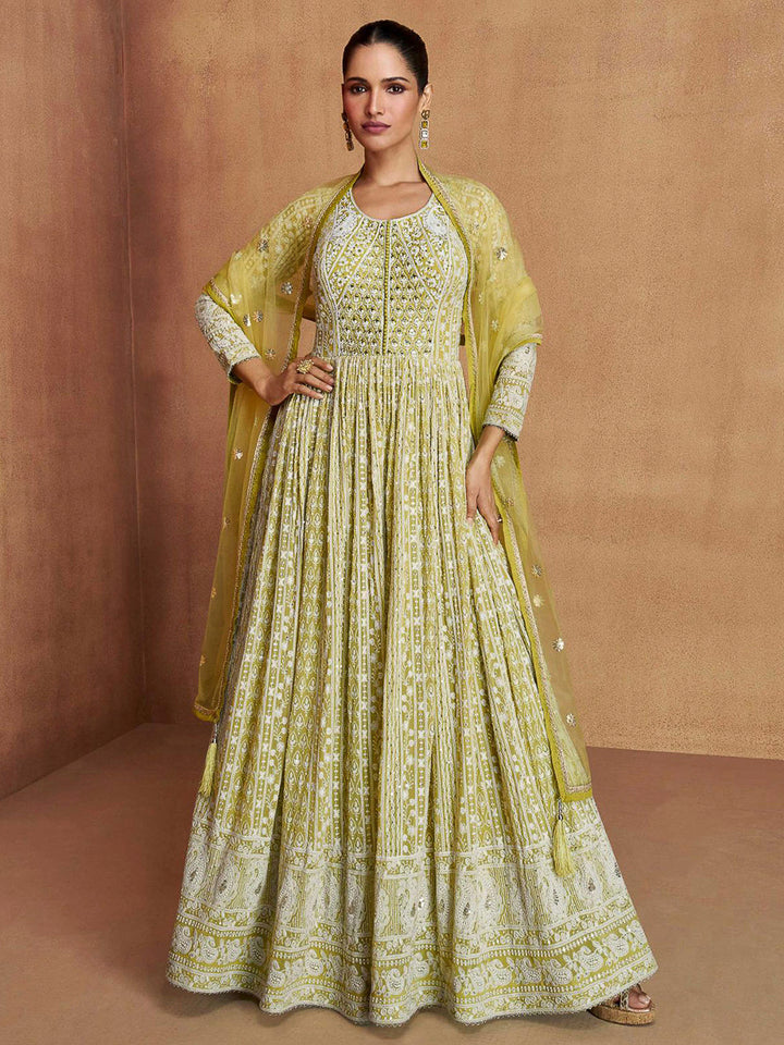 Mustard Georgette Embroidered Anarkali Gown With Dupatta