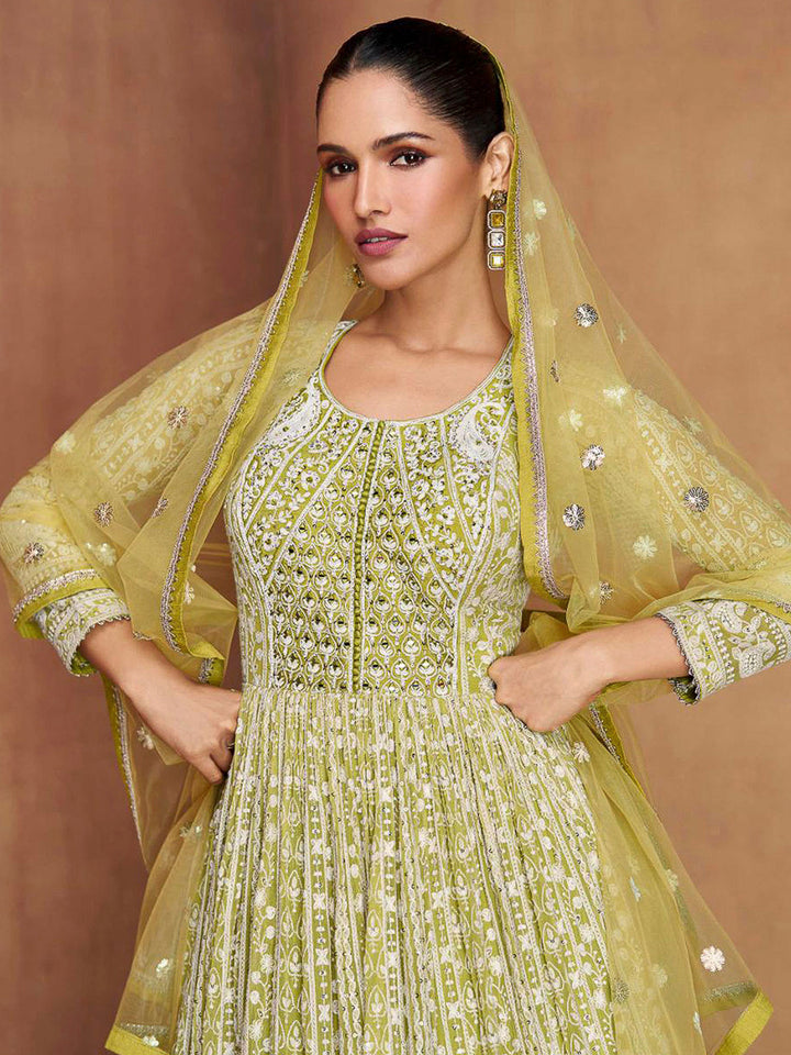 Mustard Georgette Embroidered Anarkali Gown With Dupatta