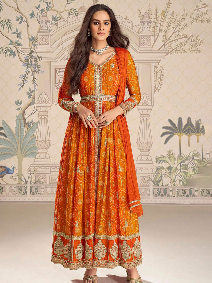 Orange Chinon Embroidered Long Anarkali Style Top With Pant &amp; Dupatta