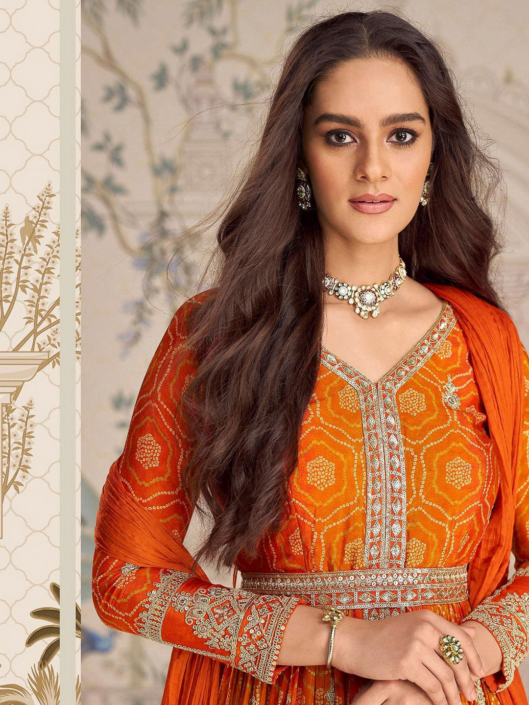 Orange Chinon Embroidered Long Anarkali Style Top With Pant &amp; Dupatta