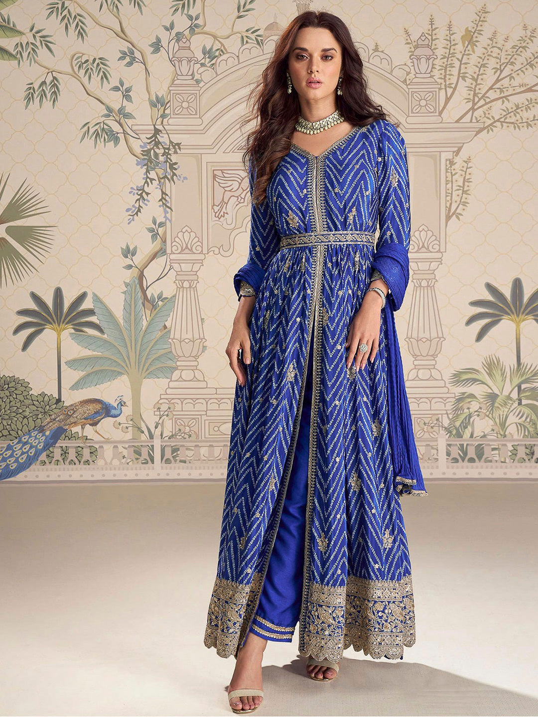 Royal Blue Chinon Embroidered Long Anarkali Style Top With Pant &amp; Dupatta