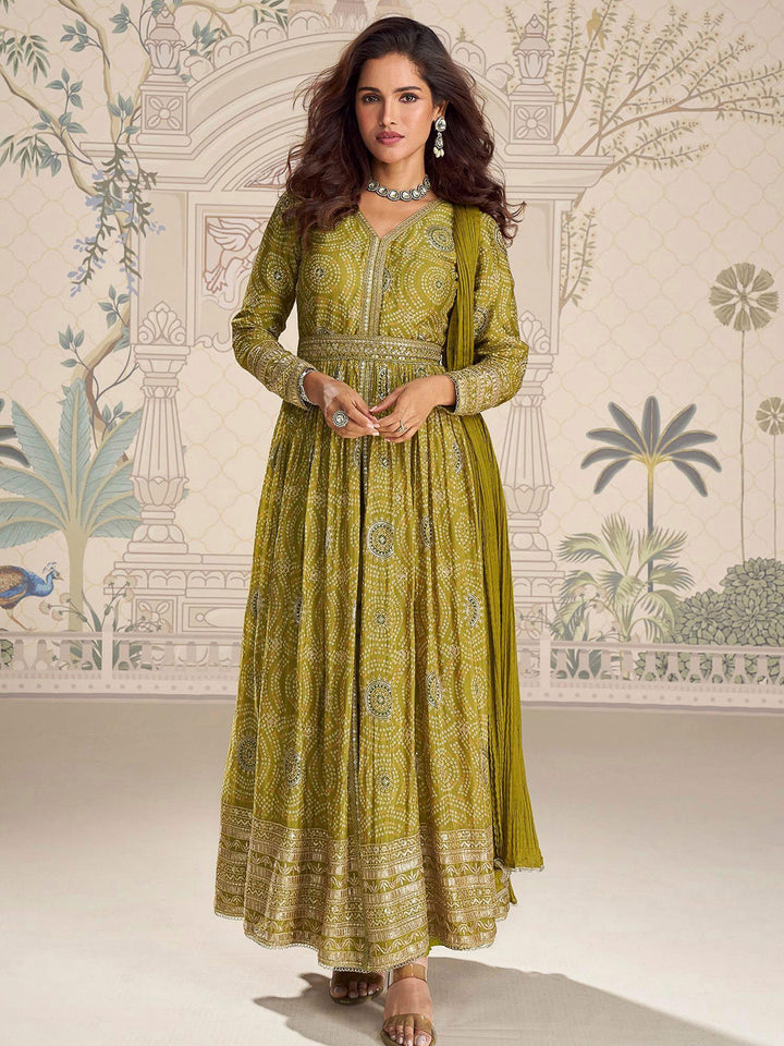 Olive Green Chinon Embroidered Long Anarkali Style Top With Pant &amp; Dupatta