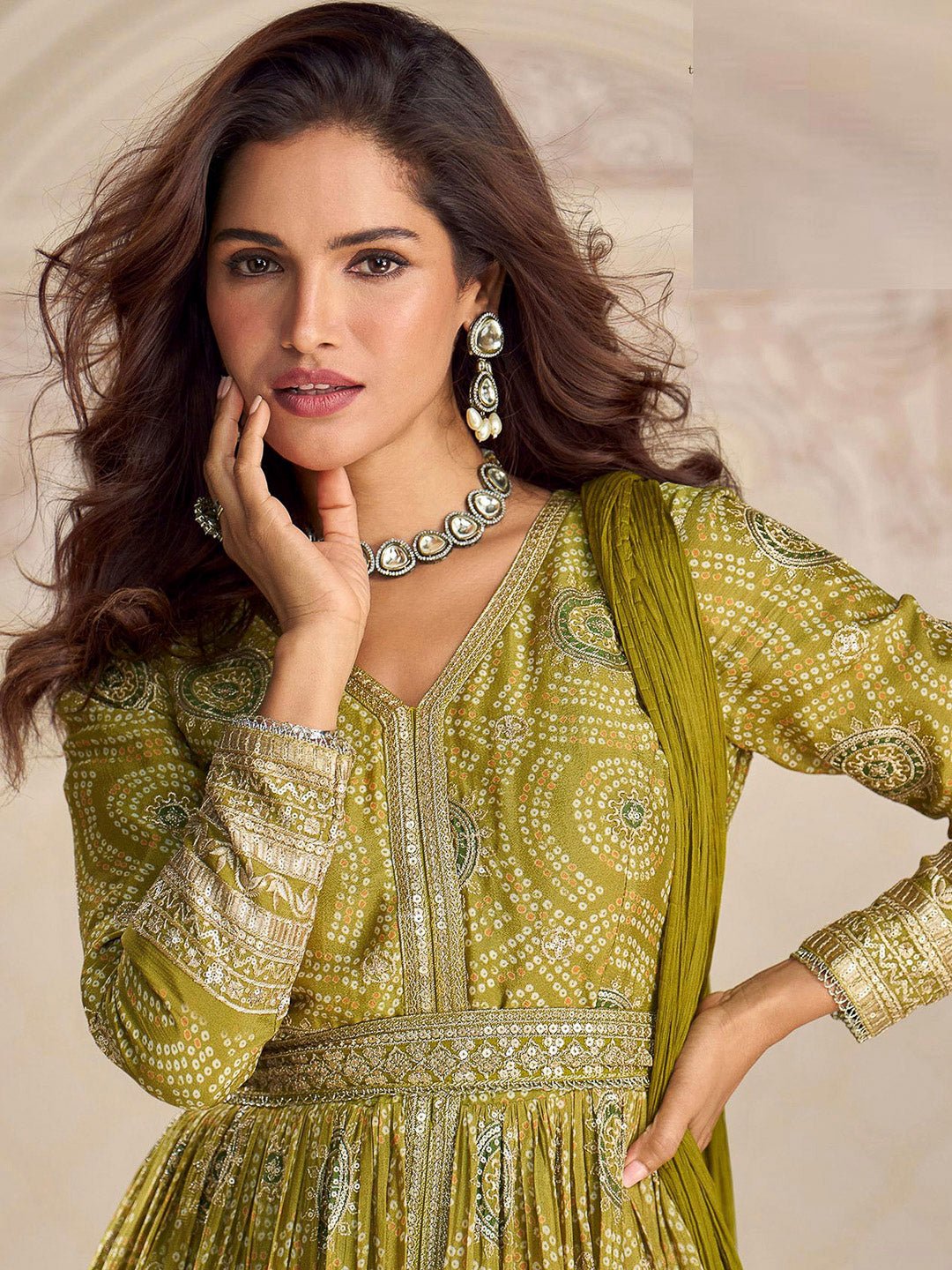 Olive Green Chinon Embroidered Long Anarkali Style Top With Pant &amp; Dupatta