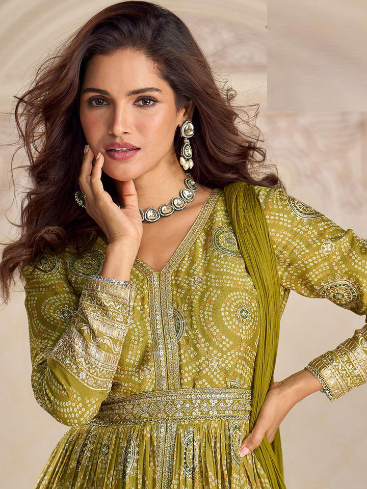 Olive Green Chinon Embroidered Long Anarkali Style Top With Pant &amp; Dupatta