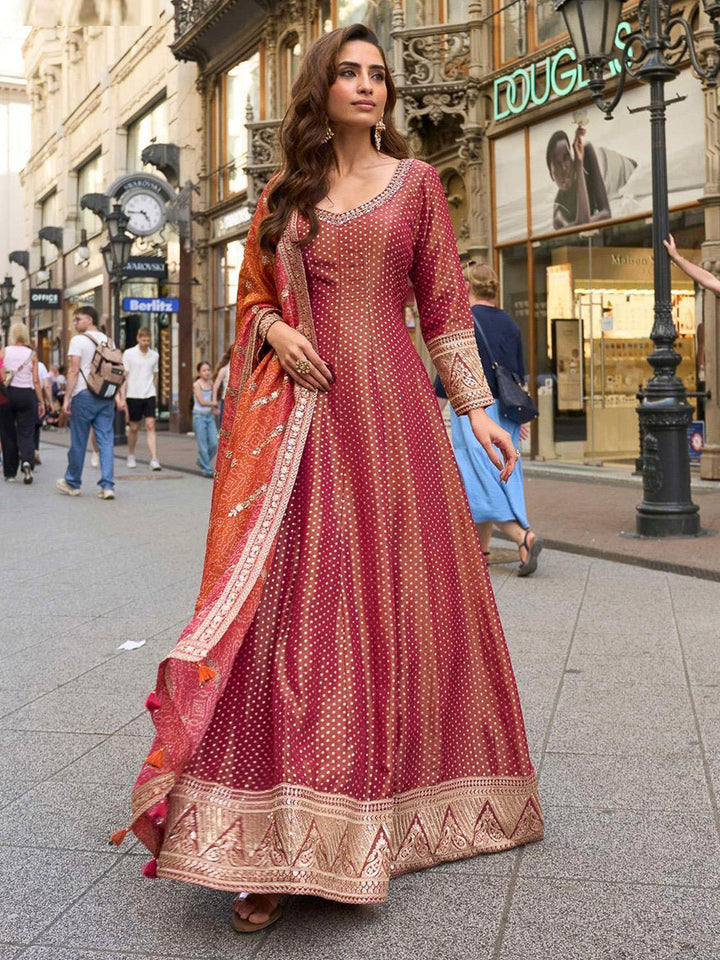 Rust-Red Art Silk Embroidered Anarkali Gown With Dupatta