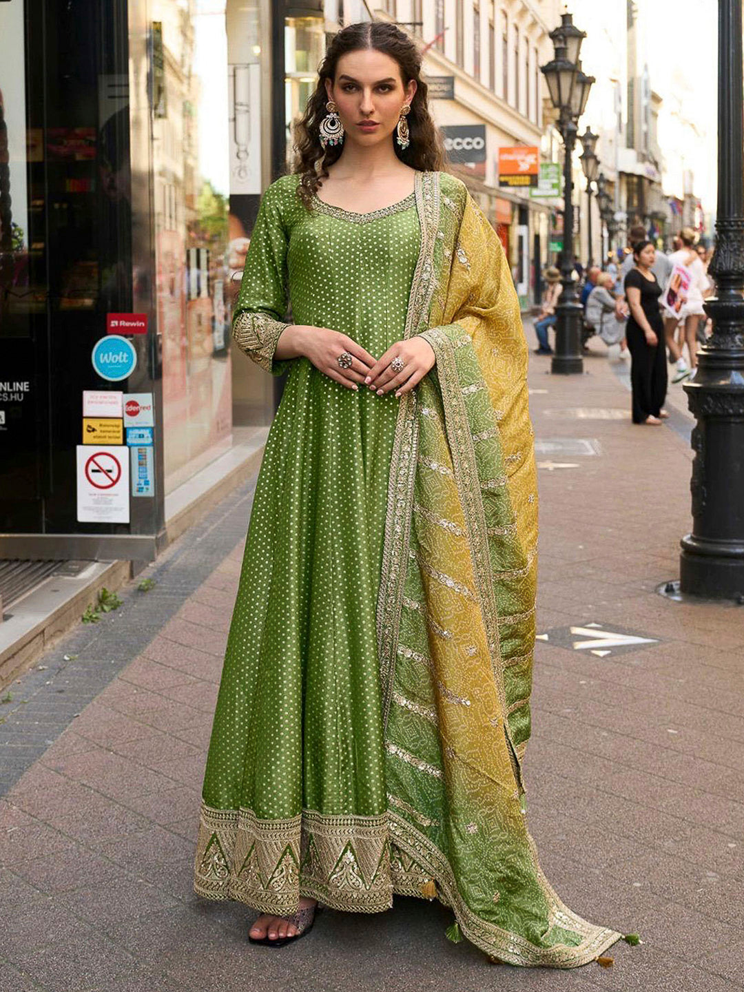 Olive Green Art Silk Embroidered Anarkali Gown With Dupatta