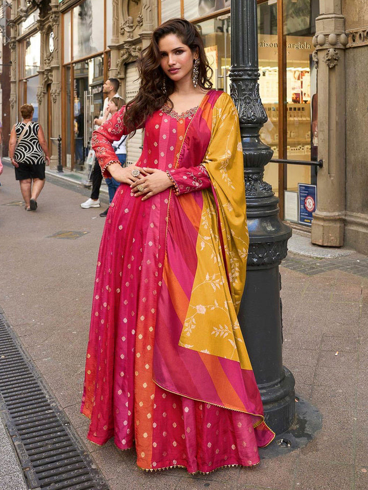 Rani-Pink Art Silk Embroidered Anarkali Gown With Dupatta