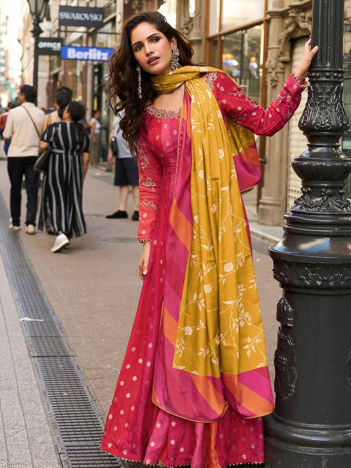 Rani-Pink Art Silk Embroidered Anarkali Gown With Dupatta